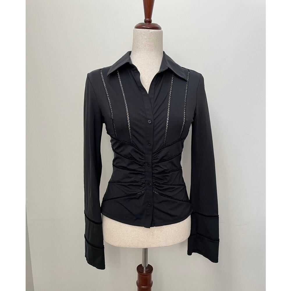 Vintage Y2K 00s Express Ruched Button-Up Shirt Womens S Black Club Going Out